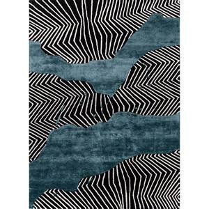 Alfombra Kilim Abstracta Adrift Gris y Negra, Tejida a Mano con Lana y Viscosa, Tejido Plano para el Hogar y el Pasillo-Tra-15223 - Product Image 1