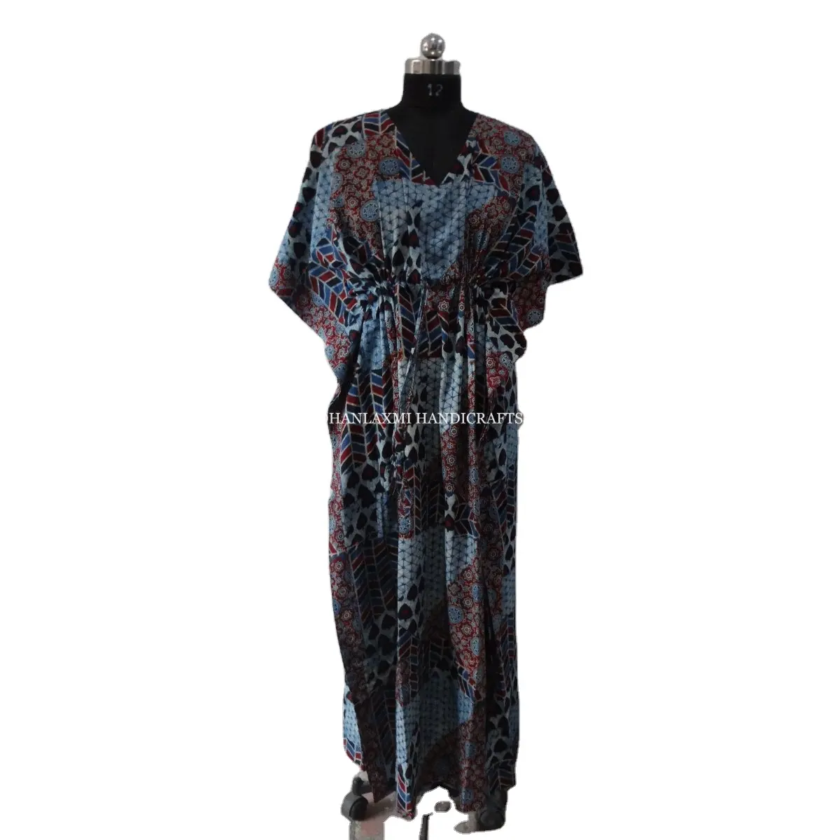 Ajrakh Patch Print 100% Cotton Kaftan Dress Soft & Comfortable Loose Maternity Wear Indigo Tunic Wholesale Maxi Gown Beach Wear