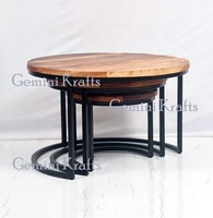 Ensemble de 3 tables basses rondes en bois massif industriel pour salon, finition naturelle et noire avec revêtement en poudre