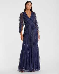 Robe de soirée de luxe bleu marine foncé avec décolleté en V trompette en forme de paillettes perle brodée à la main robe de soirée de style fête florale - Product Image 6