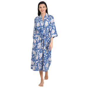 Boho Chic Cotton <b>Kimono</b> Hand-Printed Floral Motif Luxury Lightweight Summer <b>Beach</b> Vacation Robe Women's Sleepwear - Product Image 1