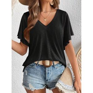 Blusa Casual de Manga Corta con Cuello en V para Mujer de Jane's, para Uso Diario, Corte Regular, Lisa, Tejido Transpirable - Product Image 1