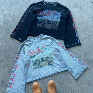 Customized Cotton Waffle T Shirt For <b>Men</b> Oversized Boxy Fit <b>Cropped</b> Long Sleeve Drop Shoulder DTG Print With Rhinestone Studs - Product Image 1