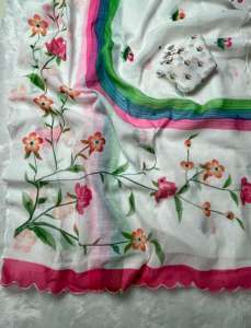 Nuevo Sari de Lino Suave con Bordado de Espejo y Aari, Borde Festoneado Calado para Mujer - Product Image 4