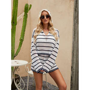 Primavera 2025 nueva moda Casual conjunto suelto a rayas con capucha suéter de punto conjunto de dos piezas para mujer - Product Image 3