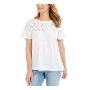 Top da Donna Style & Co in Cotone Bianco con Pizzo Traforato XS, Design Traspirante e Trendy con Decorazione a Cerniera per l'Uso Casual Estivo - Product Image 1