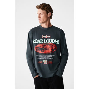 GRIMELANGE เสื้อยืดแขนยาวผ้าฝ้ายออร์แกนิกสำหรับผู้ชายพิมพ์ลายคอกลม - Product Image 1