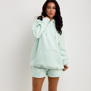 Meilleure vente Ensemble survêtement 2 pièces en coton mélangé à la menthe pour femme, sweat à capuche et short Ensemble de détente pour l'hiver à motif uni - Product Image 1