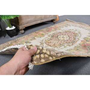 Alfombra turca de área grande Vintage, beige-Rosa, 3,7x6,6 pies, respaldo de látex de lana clásico, patrón abstracto, alfombra rectangular para habitación de pasillo - Product Image 3