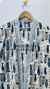 Kimono de verano de algodón 100% largo con estampado de bloques hecho a mano, ropa de dormir personalizada de la mejor calidad para mujer, vestido informal Natural gratis - Product Image 3