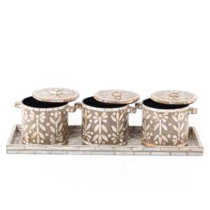 Wholesale Handmade 3-Piece Mother Of Pearl Storage Jars With Decorative Tray Ideal For <b>Gifting</b> Or Sweets During Eid Or Ramadan - Product Image 2