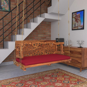 Wooden Hanging Swing <b>Bench</b> With Red <b>Cushion</b> Rustic Carved Backrest Indoor Outdoor Living Room Furniture Jhoola Design - Product Image 1