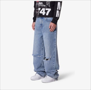 Pantalones Vaqueros de Mezclilla Gruesos de 16 oz Personalizados de Fábrica, Estilo Urbano, Lavado Intenso, Pierna Ancha, Lavado a la Piedra, Holgados, Rectos, Estilo Baggy para Hombre - Product Image 6