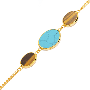 Turquoise <b>Quartz</b> Oval Shape Gold Bezel Charm Silver <b>Bracelet</b> Wholesale Handmade 925 Sterling Jewelry - Product Image 3