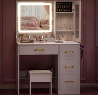 Table de toilette moderne blanche pour chambre à coucher avec 4 tiroirs, miroir éclairé, design assemblé avec tabouret