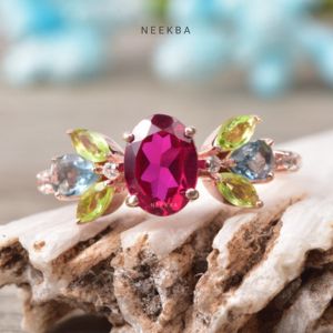 Anillo de Rubí, peridoto y aguamarina Anillo de piedras preciosas múltiples Anillo de Plata de Ley 925 de rubí cultivado en laboratorio de forma ovalada Hecho a mano en la India - Product Image 3