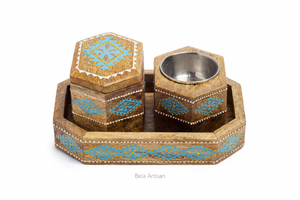 Juego de quemador de incienso Bakhoor de madera pintado a mano con inserto de acero, soporte hexagonal para incienso árabe y bandeja decorativa - Product Image 3