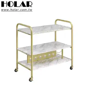 [Holar] Taiwan Made 3tier Marble Pattern Gold Frame Living Room Kitchen Trolley with Wine Shelf