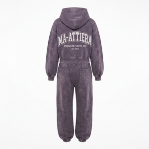 Conjunto de Sudadera Corta Morada Lavada y Pantalones Jogger de Pierna Ancha para Mujer, de Algodón y Felpa, Estilo Urbano, Venta al por Mayor OEM - Product Image 4