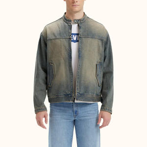 Veste en jean enduite de style ample et surdimensionné, nouveau col montant, lavage délavé, vêtement d'extérieur zippé sur le devant, logo pour homme - Product Image 1