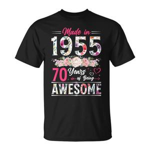 T-shirt da donna con stampa floreale del 70° compleanno, realizzata nel 1955, a maniche corte, girocollo, stampa digitale per donne adulte - Product Image 1