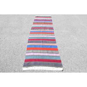 Alfombra Turca de 2.6x9.2 pies, Alfombra Vintage, Alfombra de Lana a Cuadros Roja y Azul - Product Image 1