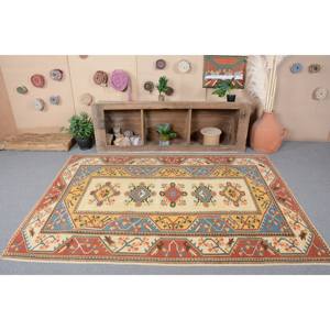 พรมตุรกีโบราณแบบดั้งเดิมสีเบจสีฟ้า5.4 x 7.7ft รูปแบบการเย็บปะติดปะต่อกันทำจากผ้าฝ้ายขนสัตว์โพลีเอสเตอร์สำหรับห้องนั่งเล่น - Product Image 4