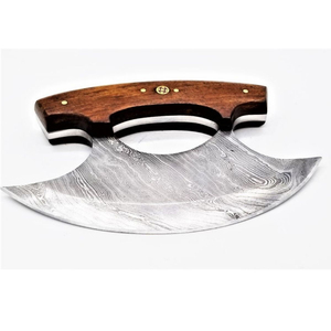 Couteau Ulu en acier Damas fait à la main - Lame incurvée large extra-affûtée, couteau de chef industriel pour droitiers avec manche en bois - Product Image 6