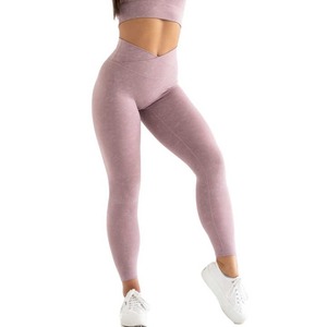 Pantalones de entrenamiento deportivos personalizados para mujer, mallas de Yoga con cintura cruzada y levantamiento de glúteos, mallas deportivas con cintura cortada en V cruzada para mujer - Product Image 4