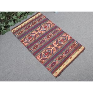 Turkish Vintage <b>Wool</b> Rug 1.9x3.1 ft (57x95 Cm) Kilim Patchwork <b>Red</b> Blue Southwestern Latex Backed Rug - Product Image 1