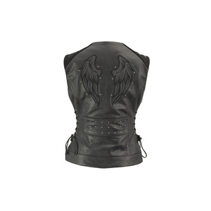 Mesdames Bling Gilet col en V en cuir véritable Fermeture à glissière avant vintage Col mandarin Deux poches avant inférieures Couleur noire - Product Image 2