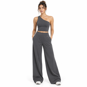Women One Shoulder Crop Top <b>Wide</b> <b>Leg</b> <b>Pants</b> Two Piece Activewear <b>Lounge</b> Set High Waist OEM Private Label Wholesale - Product Image 1