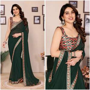 Chemisier en satin Georgette et dentelle avec motif floral Impression numérique Saree quatre saisons écologique pour toutes les occasions - Product Image 2
