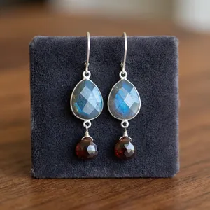 Pendientes Casuales de Labradorita y Granate en Forma de Lágrima, Rojo y Azul, Clásicos, con Cierre de Palanca, Plata de Ley 925, Piedra de Nacimiento de Enero, Dualidad - Product Image 6