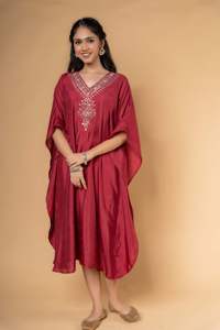 New <b>Women</b> Embroidered <b>Silk</b> Fabric Mirror Work Stylish Short Kaftan <b>Dress</b> - Product Image 4