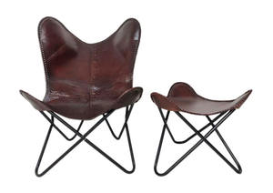 Silla de eslinga de mariposa de cuero Vintage Premium con reposapiés cómodo Marco de hierro recubierto de polvo para ocio de dormitorio - Product Image 3