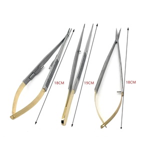 Ensemble de 3 instruments Castroviejo en acier inoxydable : porte-aiguilles micro-courbé, ciseaux et pinces à ligature, instrument manuel - Product Image 3