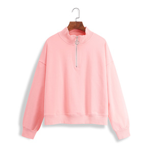 Ventas al por mayor de alta calidad otoño hombro caído Color sólido Zip up Stand Collar Crop Top mujeres sudaderas con capucha transpirables mujeres sudaderas con capucha - Product Image 1