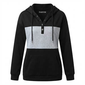 Sweats à capuche pour femmes sur mesure, à blocs de couleur, boutonnés, avec poche kangourou, manches longues, décontractés, pull-over, prix de gros OEM - Product Image 4