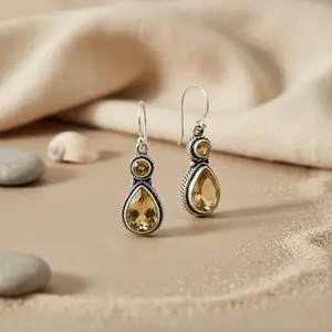 Boucles d'oreilles en argent 925 pour femmes, bijoux fantaisie avec pierre précieuse en forme de larme en citrine - Product Image 3