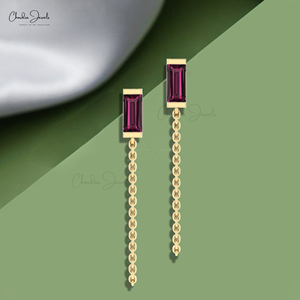 Pendientes de cadena delicados de rodolita de oro de 14K de último diseño, juego de medio bisel, pendientes largos de piedras preciosas con corte Baguette de 6x3mm sin MOQ - Product Image 6