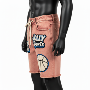 Premium Pink Acid Wash Denim <b>Shorts</b> Thick Cotton Denim Raw Hem Streetwear Custom Chenille <b>Patch</b> Logo <b>Men</b> Acid wash <b>men's</b> <b>shorts</b> - Product Image 5