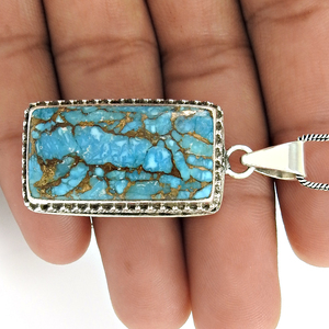 Bleu cuivre Turquoise pierre précieuse 925 argent Sterling coussin forme élégant pendentif bijoux faits à la main prix de gros fournisseurs en vrac - Product Image 3