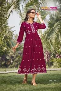 Maruti Fashion Export's New Design Thread Work Rayon Anarkali Dress Vêtements indiens et pakistanais avec manches à col complet Falir - Product Image 5