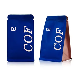 Bolsa de café de papel de aluminio azul impresa personalizada, bolsa de fondo plano resellable, bolsa de café con cremallera para embalaje de plástico