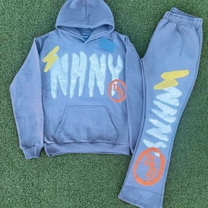 Unisex Custom Clothing Printed Heavyweight Cotton Streetwear Manufacturers' Jogging Man Raw Hem Cropped Hoodie Flared Sweatpants - Product Image 4