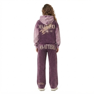 Conjunto de Sudadera con Capucha Oversize con Estampado Lavado Personalizado y Pantalones Anchos de Felpa para Mujer, Chándal de Algodón Estilo Urbano OEM ODM - Product Image 2