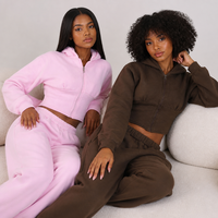 Ensemble de survêtement polaire personnalisé pour femme, OEM, avec sweat à capuche double fermeture éclair coupe ajustée et pantalon de survêtement en coton, tenue d'hiver 2 pièces, fabricant