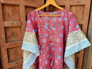 Robe caftan indienne en coton faite à la main pour femmes longue impression florale Maxi couverture de plage bloc à la main impression de nuit décontracté longueur au sol - Product Image 4