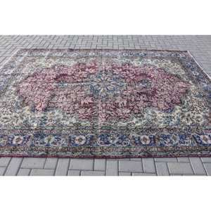 Tapis de Sol Vintage en Laine Rouge Beige Turc 7 'X 10' 1 Ft Style Boho Grand Rectangle Patchwork Motif Abstrait Tapis de Chambre en Latex - Product Image 3